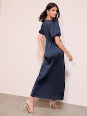 Friends Like These Navy Lace Trim V-Neck Satin Midi Dress - Image 5 of 5