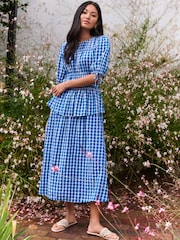Laura Ashley Blue/White Cotton Short Sleeve Gingham Shirred Waist Midi Dress with Peplum Waist - Image 1 of 11