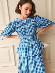 Laura Ashley Blue/White Cotton Short Sleeve Gingham Shirred Waist Midi Dress with Peplum Waist - Image 3 of 11