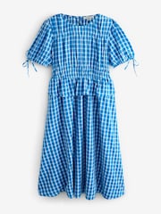Laura Ashley Blue/White Cotton Short Sleeve Gingham Shirred Waist Midi Dress with Peplum Waist - Image 8 of 11