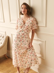 Laura Ashley Pink V-Neck Bloomfield Floral Chiffon Midi Dress - Image 1 of 7