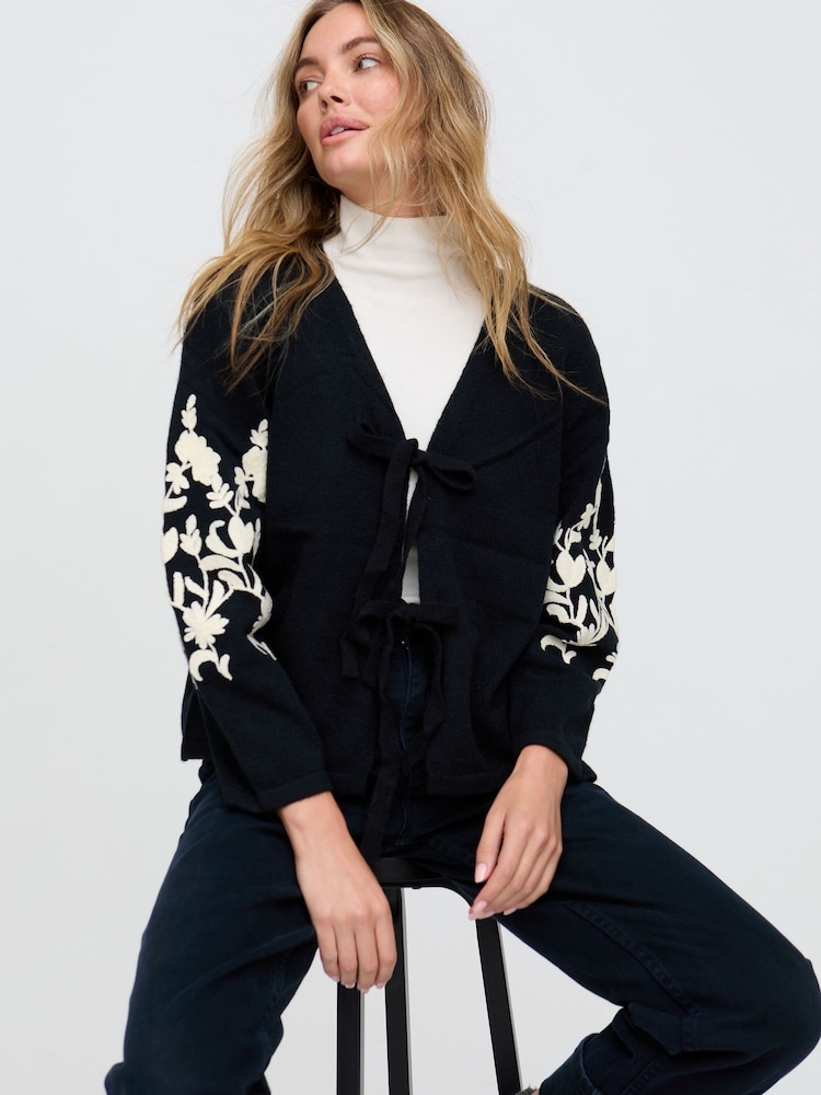 Raffya Black Lola Tie Front Embroidered Black Cardigan - Image 2 of 5