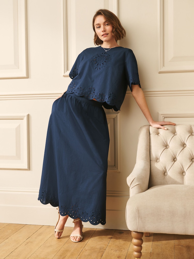 Laura Ashley Navy Broderie Cotton Scalloped Edge Skirt Co-ord - Image 1 of 7