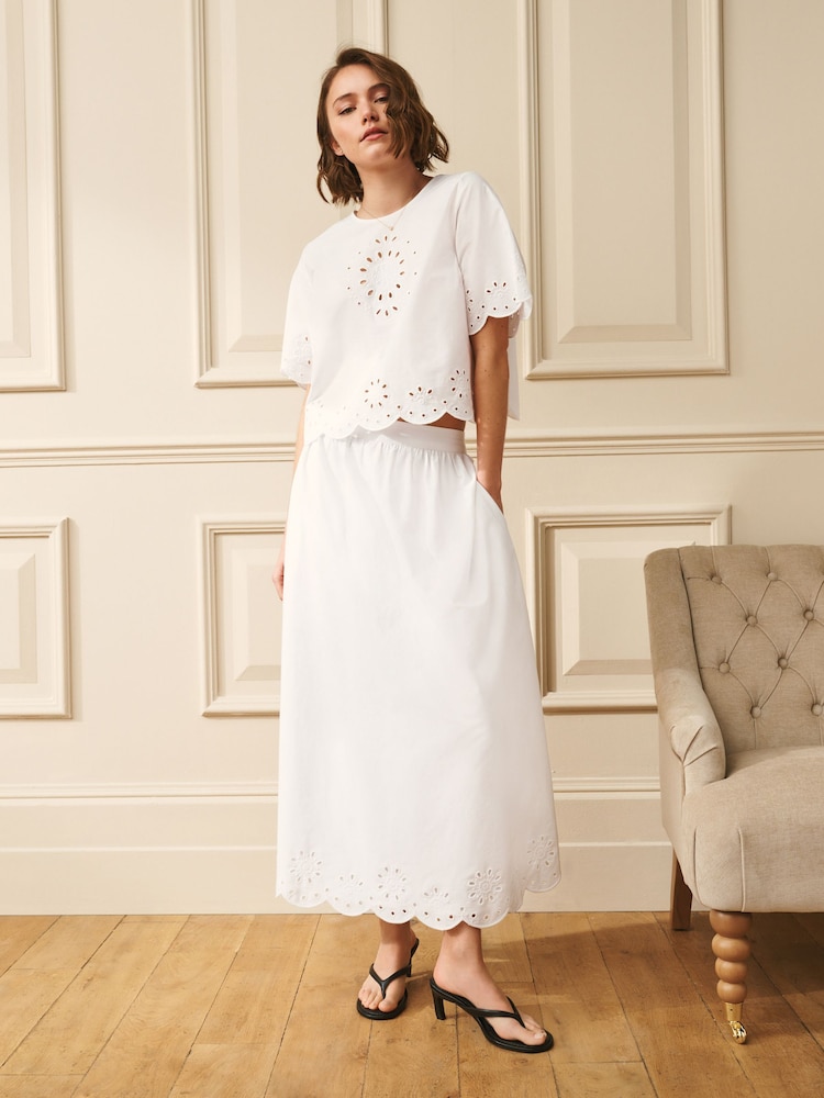 Laura Ashley White Broderie Cotton Scalloped Edge Skirt Co-ord - Image 1 of 8
