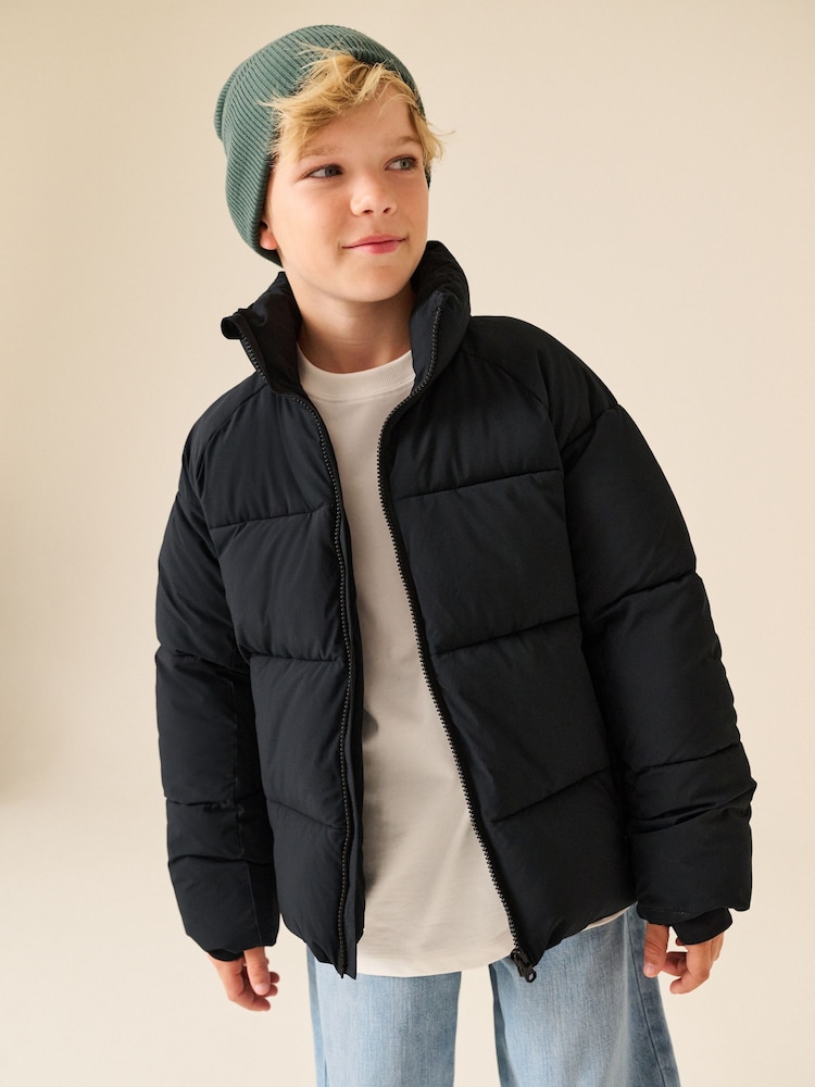 Black Microfleece Lined Padded Hoodless Coat (3-16yrs) - Image 1 of 12 Black Microfleece Lined Padded Hoodless Coat (3-16yrs) - Image 1 of 12