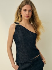 Indigo Blue N. Premium Denim One Shoulder Gold Hardware Top - Image 1 of 5