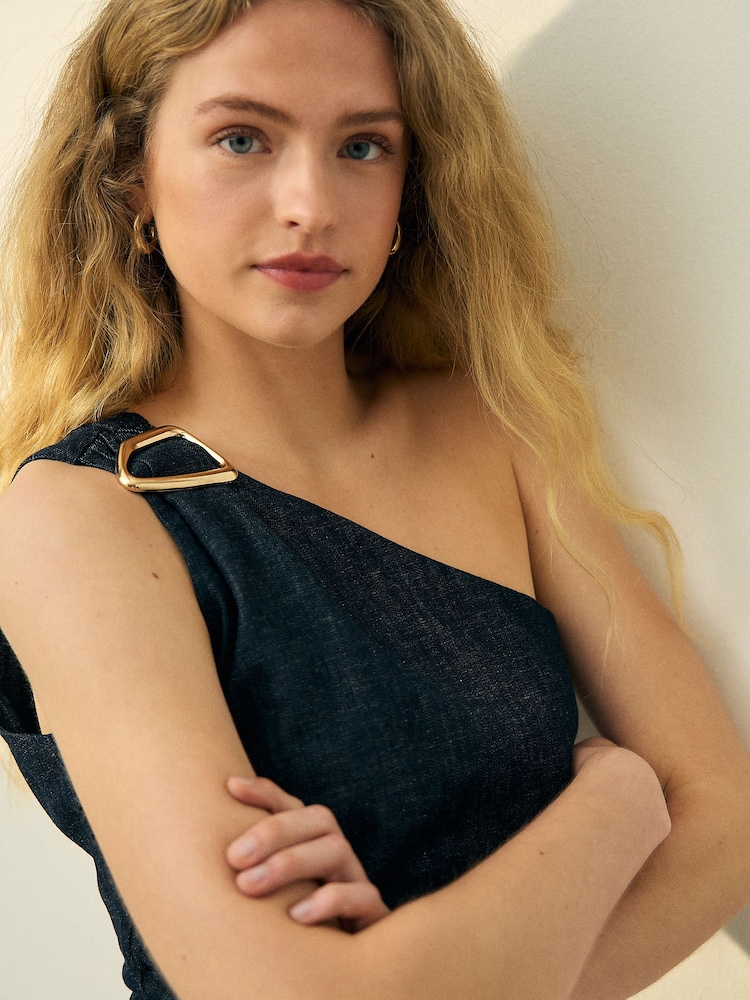 Indigo Blue N. Premium Denim One Shoulder Gold Hardware Top - Image 2 of 5