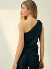 Indigo Blue N. Premium Denim One Shoulder Gold Hardware Top - Image 3 of 5