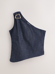 Indigo Blue N. Premium Denim One Shoulder Gold Hardware Top - Image 6 of 10