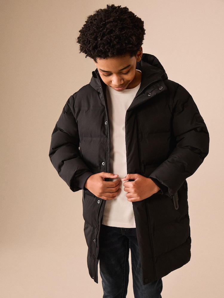 Black Waterproof Padded Long Line Coat (3-16yrs) - Image 1 of 12