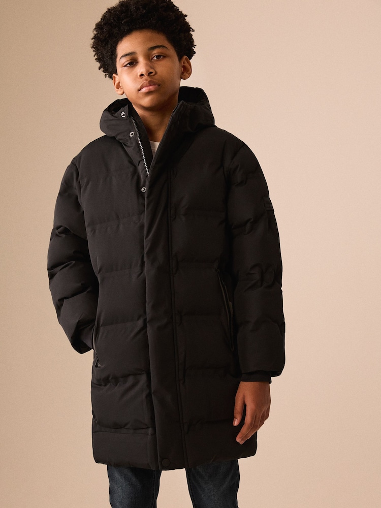 Black Waterproof Padded Long Line Coat (3-16yrs) - Image 2 of 12
