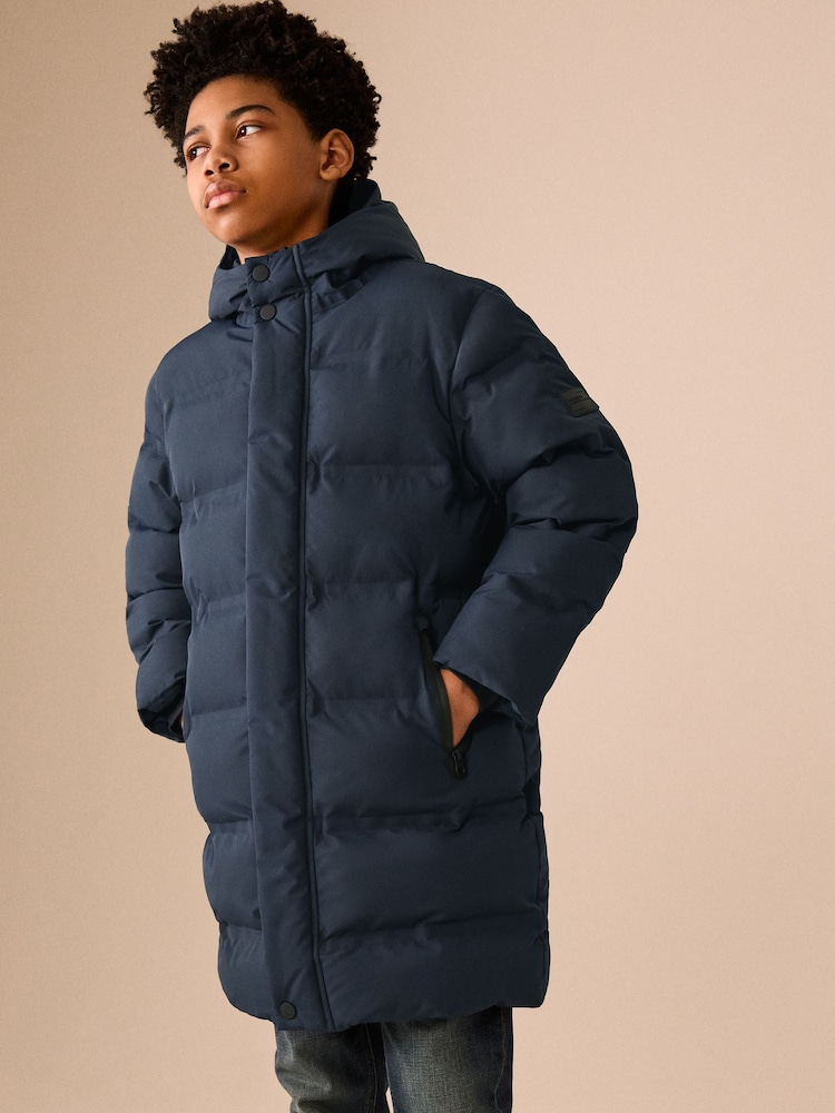 Navy Waterproof Padded Long Line Coat (3-16yrs) - Image 1 of 12 Navy Waterproof Padded Long Line Coat (3-16yrs) - Image 1 of 12