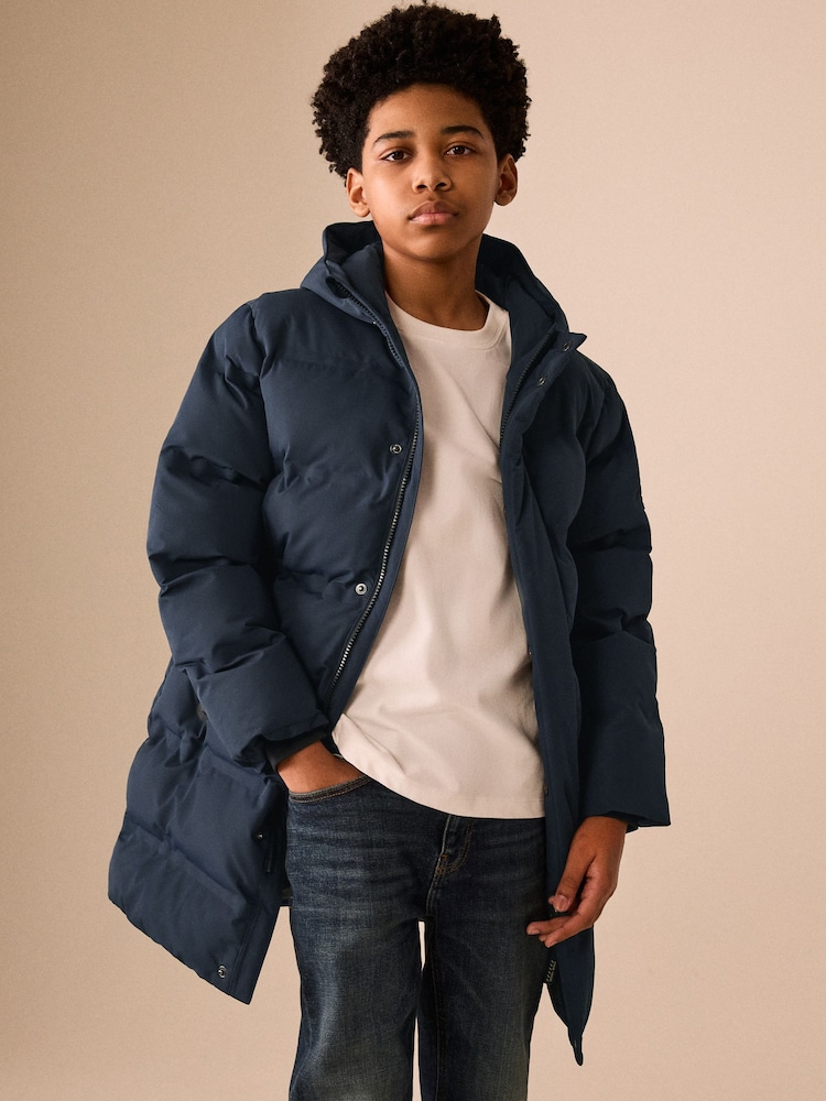 Navy Waterproof Padded Long Line Coat (3-16yrs) - Image 2 of 12 Navy Waterproof Padded Long Line Coat (3-16yrs) - Image 2 of 12