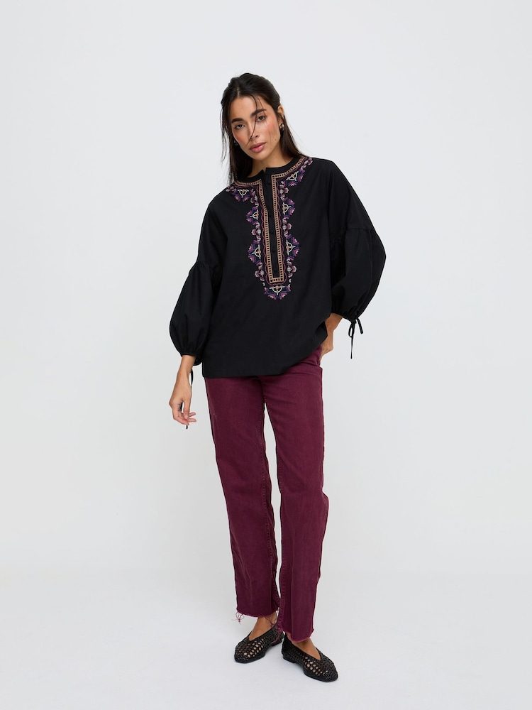 Raffya Black Anai Half Placket Embroidered Blouse - Image 1 of 5 Raffya Black Anai Half Placket Embroidered Blouse - Image 1 of 5