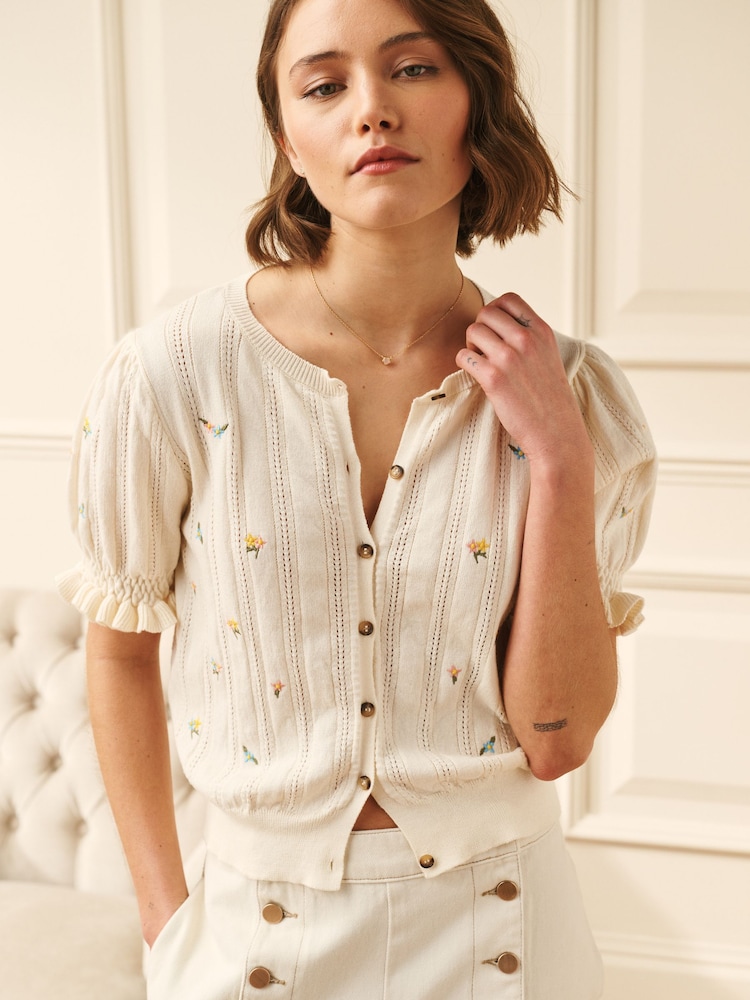 Laura Ashley Yellow Embroidered Frilly Cardigan - Image 1 of 7