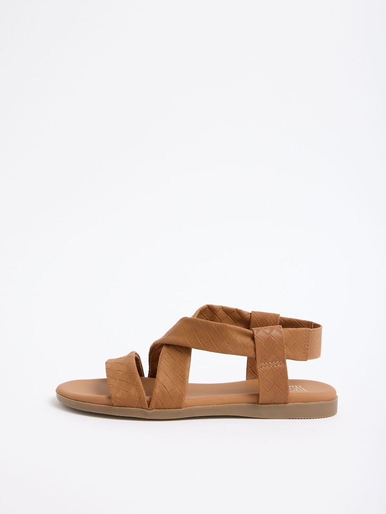 Friends Like These Tan Brown Wide Fit Faux Woven Effect Leather Cross Strap Footbed Summer Sandals - Image 5 of 5