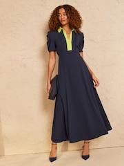 Love & Roses Navy Lime Contrast Collar Short Sleeve Midi Dress - Image 1 of 4