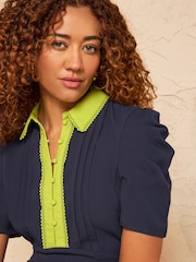 Love & Roses Navy Lime Contrast Collar Short Sleeve Midi Dress - Image 2 of 4