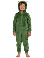 Harry Bear Green Dinosaur 3D Horns And Spikes Fleece Onesie - Image 1 of 10