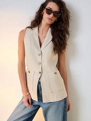 Neutral Beige Linen Rich Collared Waistcoat - Image 3 of 9