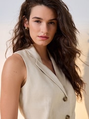 Neutral Beige Linen Rich Collared Waistcoat - Image 5 of 9