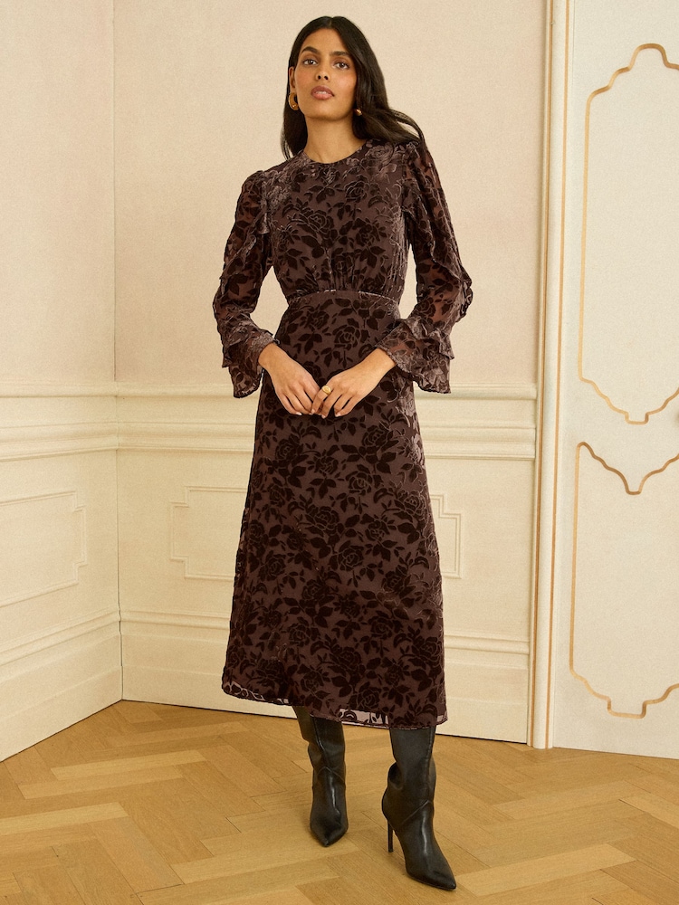 Love & Roses Chocolate Brown Burnout Ruffle Midi Dress - Image 1 of 4