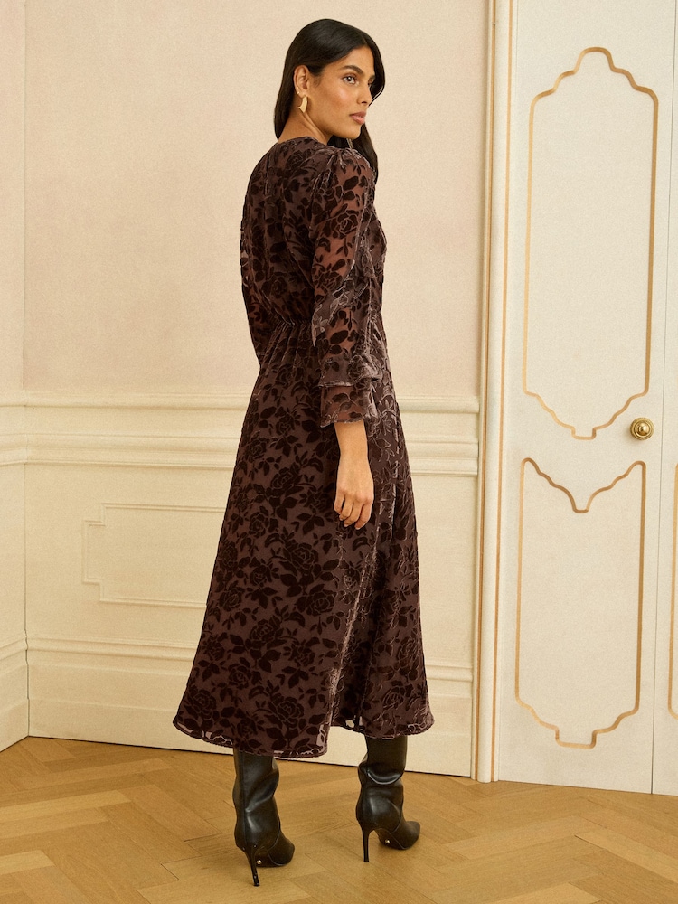 Love & Roses Chocolate Brown Burnout Ruffle Midi Dress - Image 2 of 4