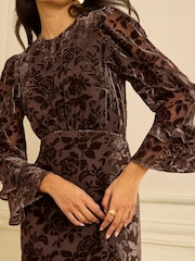 Love & Roses Chocolate Brown Burnout Ruffle Midi Dress - Image 4 of 4