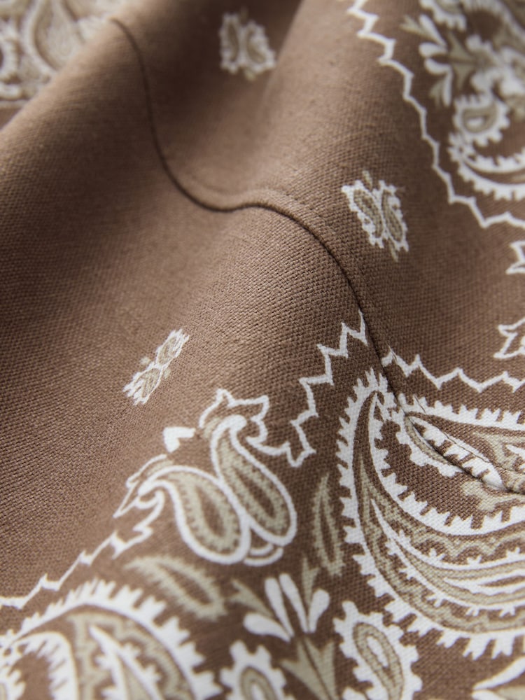 Chocolate Brown Scarf Print Linen Rich Tailored Peplum Top - Image 6 of 6