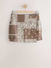 Chocolate Brown Scarf Print Linen Rich Tailored Wrap Mini Skirt - Image 5 of 7