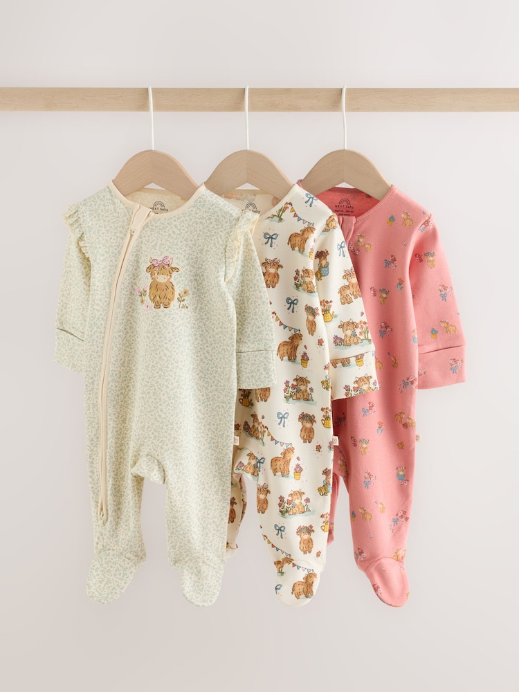 Pink/Green Hamish Two Way Zip Baby Sleepsuits 3 Pack (0-3yrs) - Image 1 of 10
