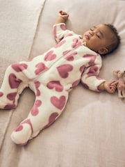 Ecru/Pink Heart Two Way Zip Fleece Sleepsuit - Image 1 of 9