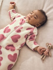 Ecru/Pink Heart Two Way Zip Fleece Sleepsuit - Image 2 of 9