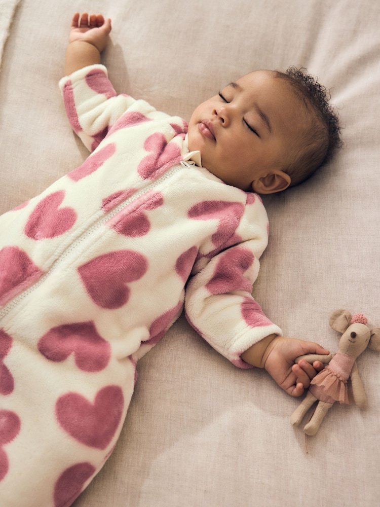 Ecru/Pink Heart Two Way Zip Fleece Sleepsuit - Image 2 of 9 Ecru/Pink Heart Two Way Zip Fleece Sleepsuit - Image 2 of 9