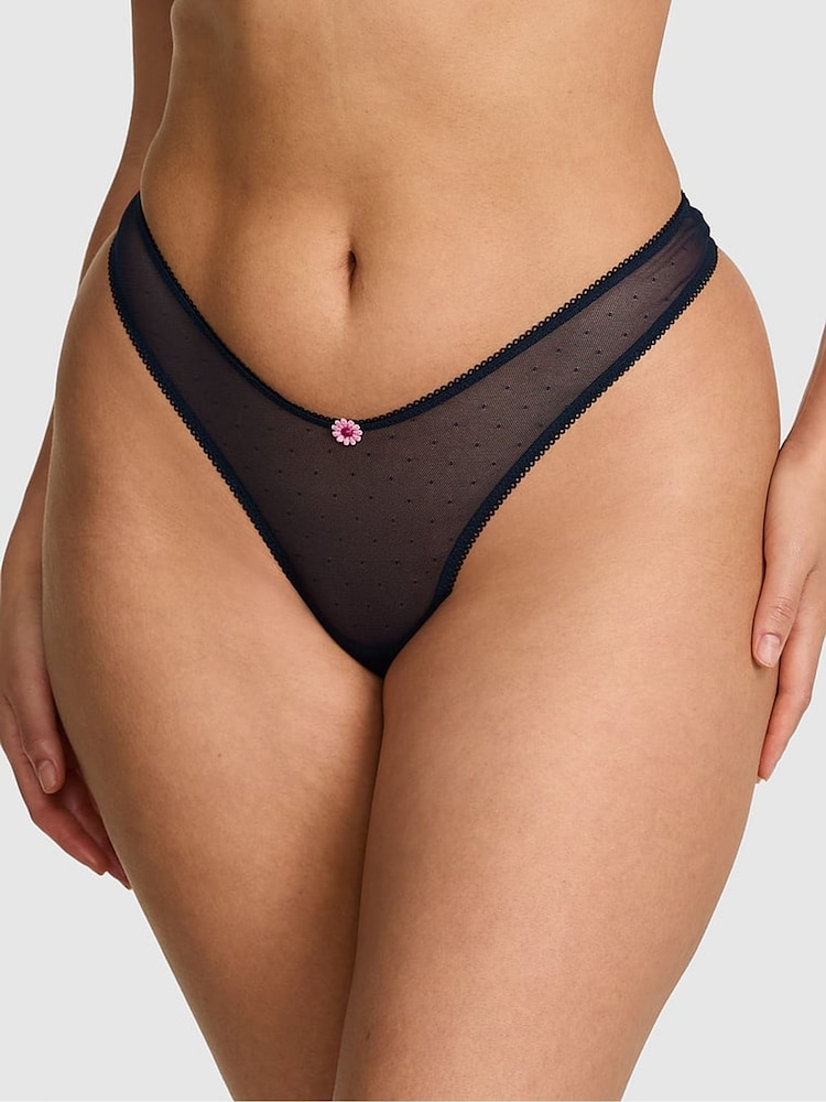 Victoria's Secret Pink Noir Navy Blue Mini Scoop Thong Daisy Embroidery Knickers - Image 1 of 3