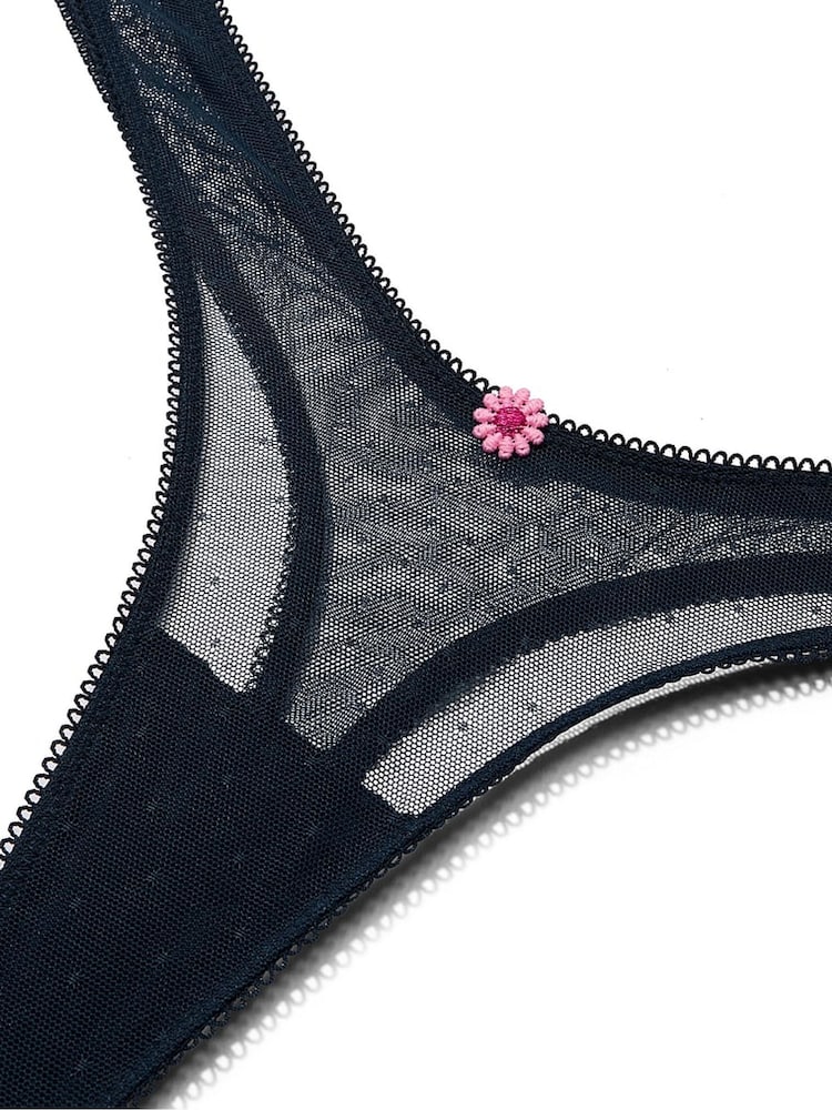 Victoria's Secret Pink Noir Navy Blue Mini Scoop Thong Daisy Embroidery Knickers - Image 3 of 3
