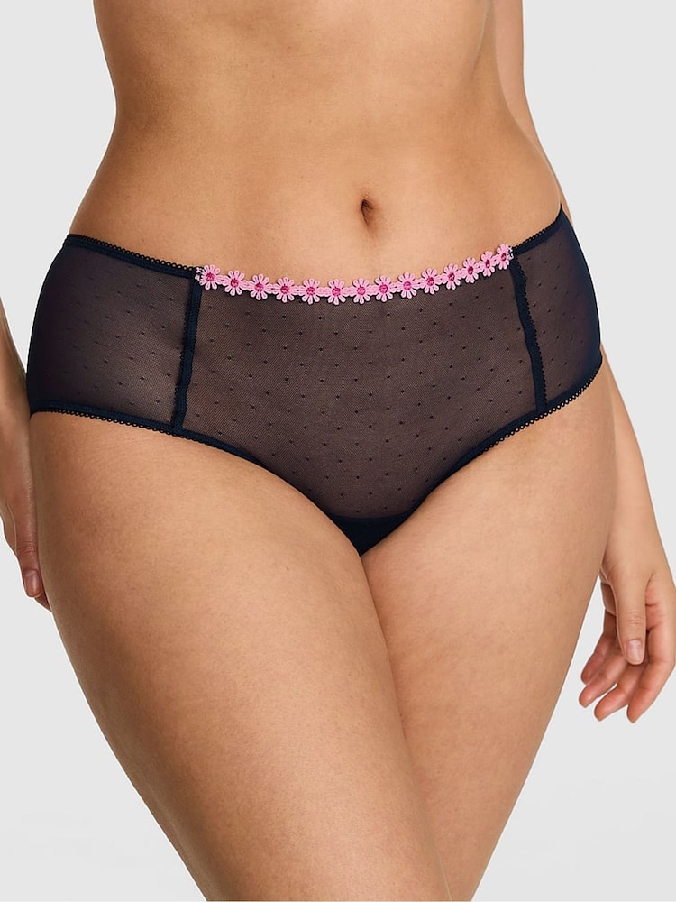 Victoria's Secret Pink Noir Navy Blue Cheeky Daisy Embroidery Knickers - Image 1 of 3