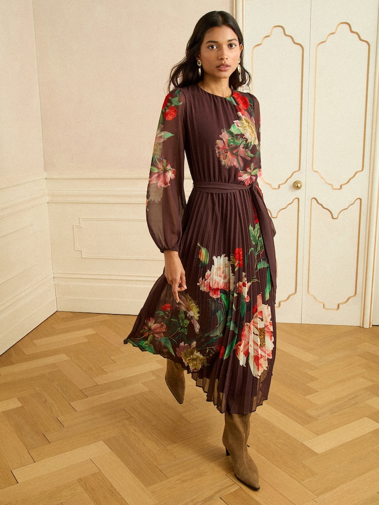 Love & Roses Chocolate Floral Printed Crew Neck Pleated Long Sleeve Midi Dress - Image 1 of 4 Love & Roses Chocolate Floral Printed Crew Neck Pleated Long Sleeve Midi Dress - Image 1 of 4