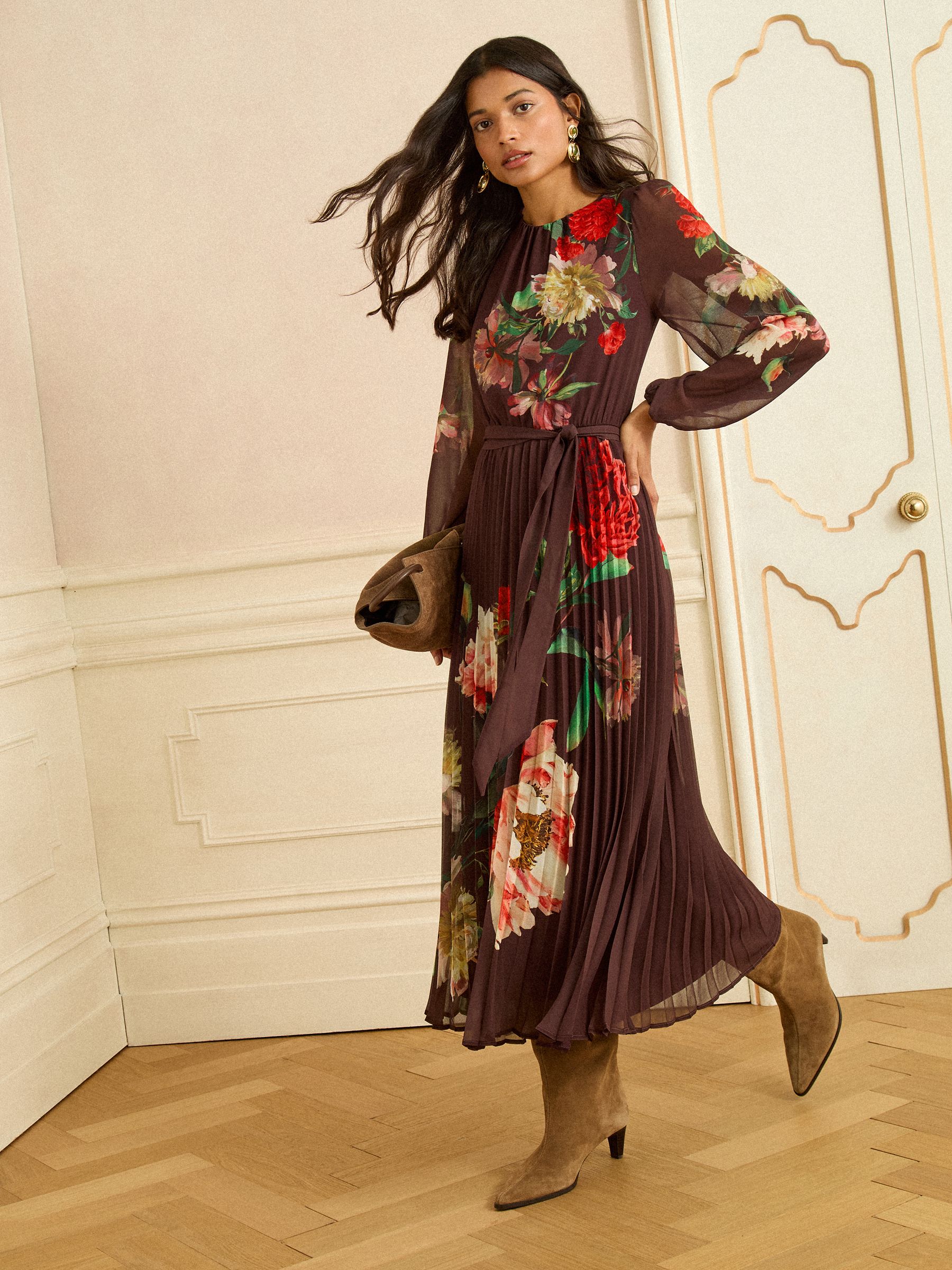 Buy Love & Roses Chocolate Floral Printed Crew Neck Pleated Long