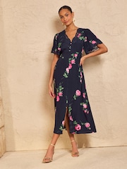 Love & Roses Navy Floral Petite Lace Midaxi Tea Dress - Image 1 of 4