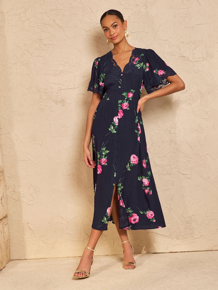 Love & Roses Navy Floral Petite Lace Midaxi Tea Dress - Image 1 of 4