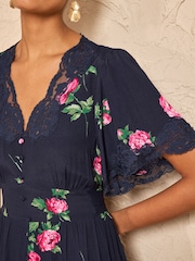 Love & Roses Navy Floral Petite Lace Midaxi Tea Dress - Image 4 of 4