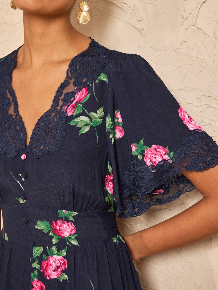 Love & Roses Navy Floral Petite Lace Midaxi Tea Dress - Image 4 of 4