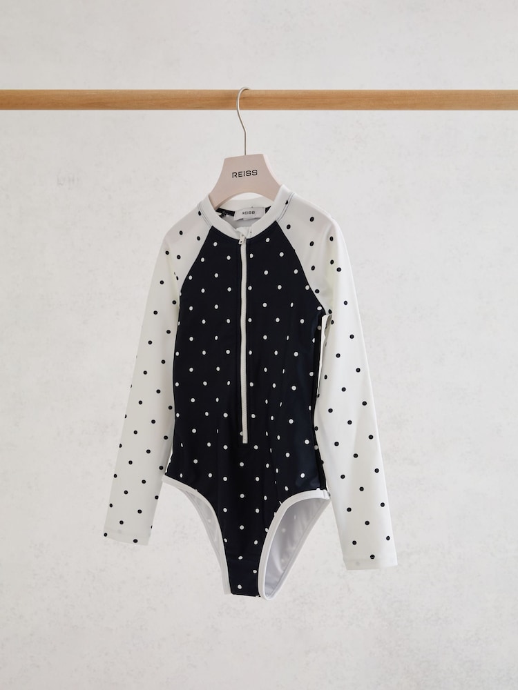 Reiss Navy/Ivory Sally 9-13 yrs Polka-Dot Long-Sleeve Swimsuit - Image 1 of 3