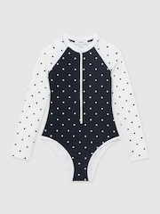 Reiss Navy/Ivory Sally 9-13 yrs Polka-Dot Long-Sleeve Swimsuit - Image 2 of 3