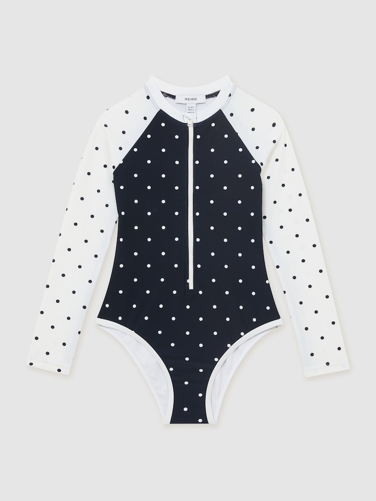 Reiss Navy/Ivory Sally 9-13 yrs Polka-Dot Long-Sleeve Swimsuit - Image 2 of 3