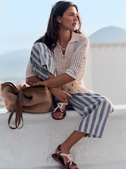 藍色/白色條紋 - Lightweight Denim Patch Pocket Cropped Jeans - 圖片 1/8