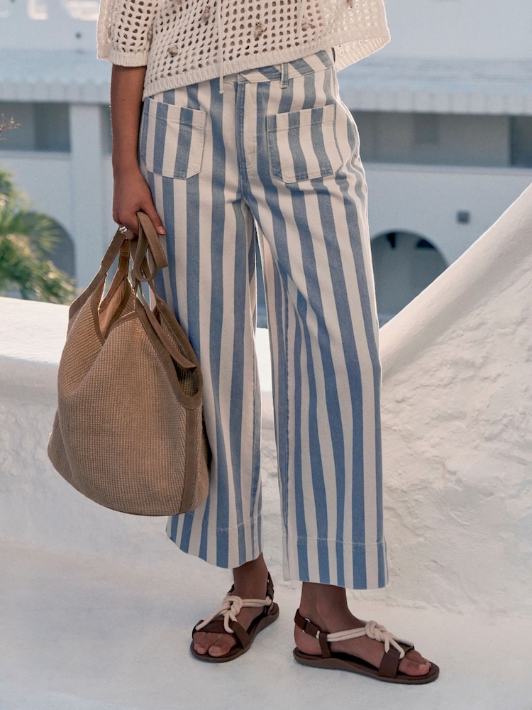 Blue/White Stripe Lightweight Denim Patch Pocket Cropped Jeans - Image 1 of 8 Blue/White Stripe Lightweight Denim Patch Pocket Cropped Jeans - Image 1 of 8