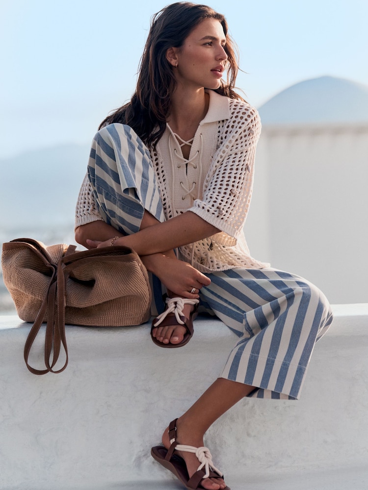 Blue/White Stripe Lightweight Denim Patch Pocket Cropped Jeans - Image 2 of 8 Blue/White Stripe Lightweight Denim Patch Pocket Cropped Jeans - Image 2 of 8