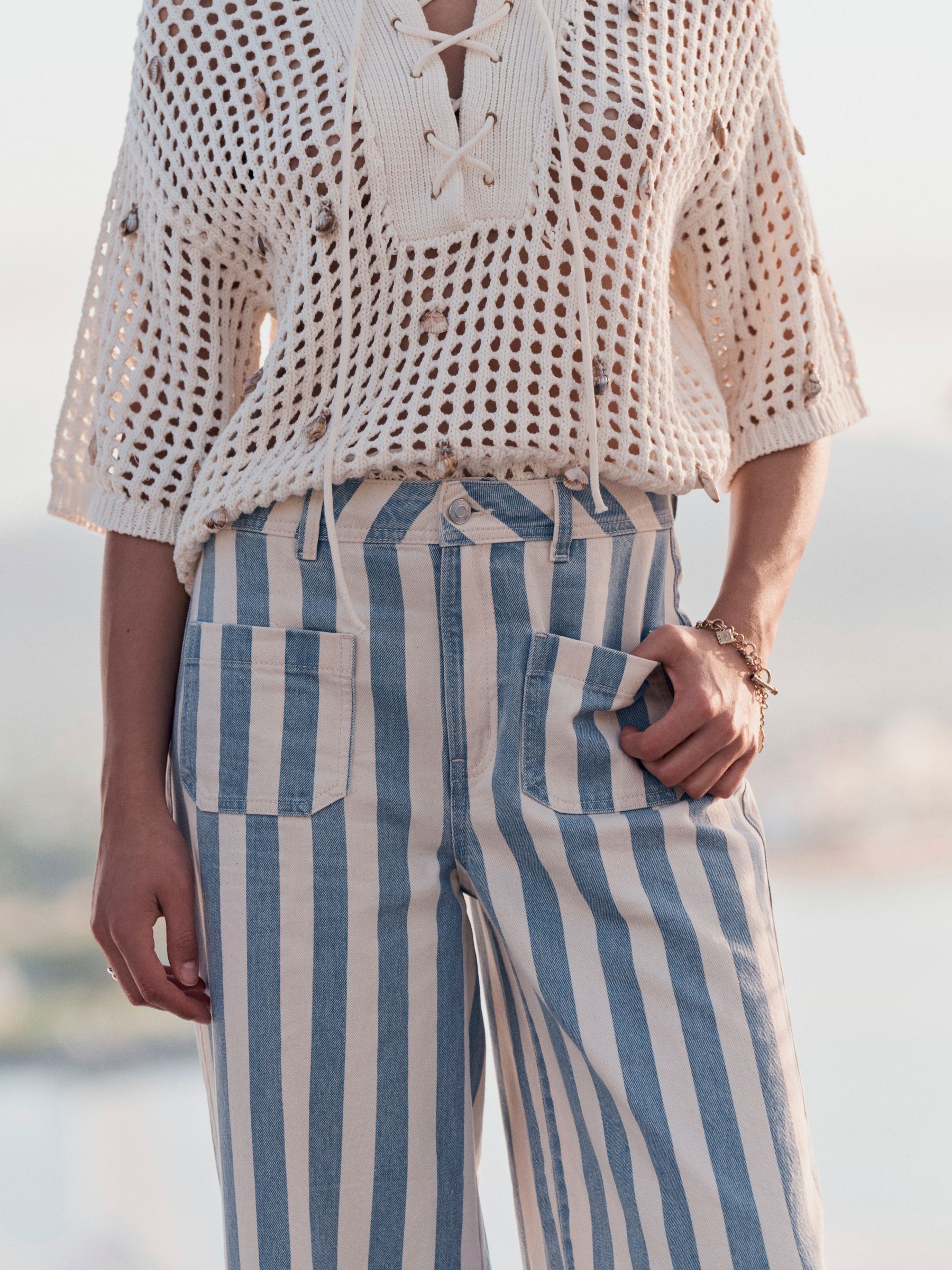 Buy Blue/White Stripe Lightweight Denim Patch Pocket Cropped Jeans